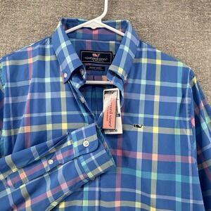 Vineyard Vines Whale Shirt Boys Size XL Blue Plaid Long Sleeve Nylon NEW